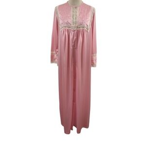 Vtg 60s Pink Nylon Long Nightgown Robe Lace Embroidered‎ Sz S Cottage Coquette
